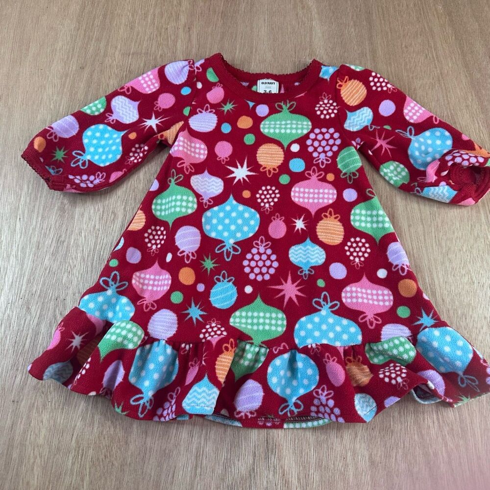 Old Navy Baby Girl Christmas Fleece Dress 3-6M Red Ornament Print Ruffle Hem